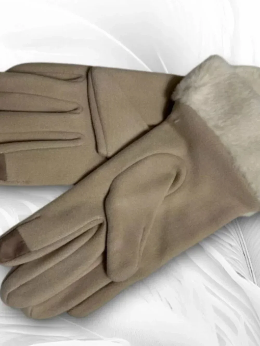 Beige Faux Fur Cuff Winter Gloves Touchscreen Soft Elegant Women's Gloves